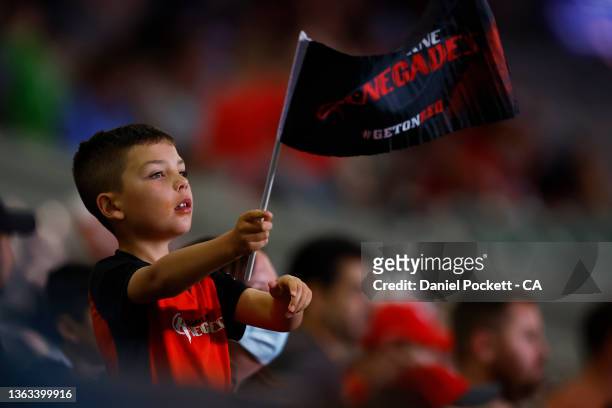 Young fan shows his support during the Men's Big Bash League match between the Melbourne Renegades and the Sydney Thunder at Marvel Stadium, on...
