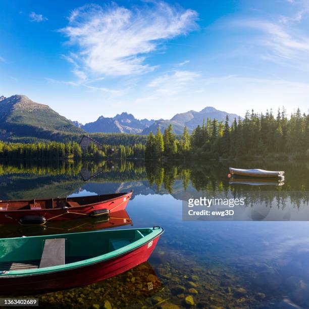 summer holiday morning at the strbske pleso mountain lake, slovakia - tatras slovakia stock pictures, royalty-free photos & images