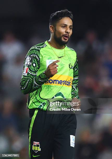 Tanveer Sangha of the Thunder celebrates after dismissing Aaron Finch of the Renegades during the Men's Big Bash League match between the Melbourne...