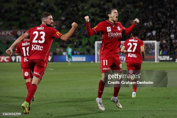Craig Goodwin of Adelaide United celebrates his goal during the round nine A-League Men's match between Melbourne Victory and Adelaide United at AAMI...