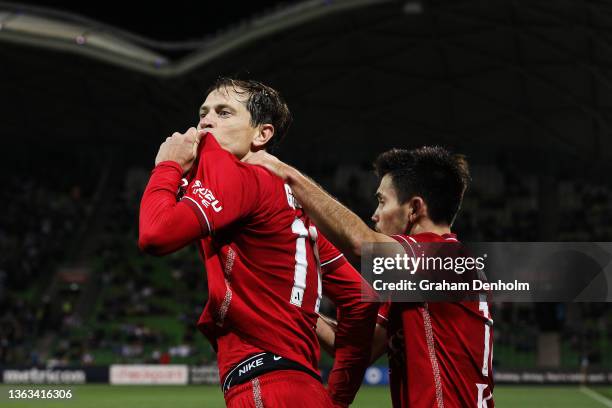 Craig Goodwin of Adelaide United celebrates his goal during the round nine A-League Men's match between Melbourne Victory and Adelaide United at AAMI...