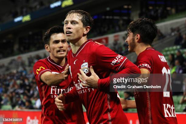 Craig Goodwin of Adelaide United celebrates his goal during the round nine A-League Men's match between Melbourne Victory and Adelaide United at AAMI...