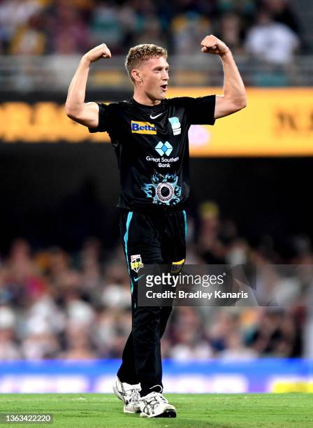 Will Prestwidge of the Heat celebrates taking the wicket of Caleb Jewell of the Hurricanes during the Men's Big Bash League match between the...