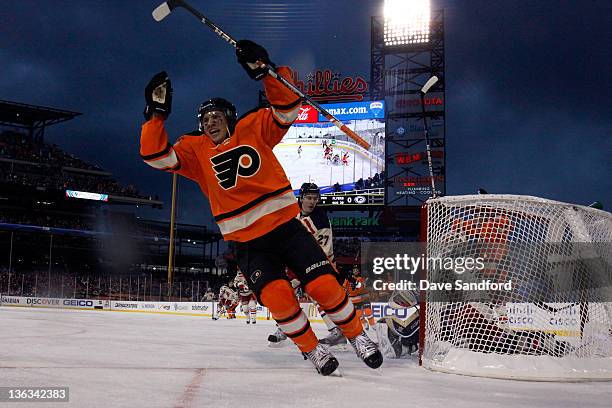 Brayden Schenn of the Philadelphia Flyers celebrates after scoring a second period goal against the New York Rangers during the 2012 Bridgestone NHL...