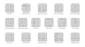 Fabric sample flat line icons set. Weave types - plain, rib, basket, satin. Woven swatches of twill, oxford, houndstooth and herringbone. Vector illustration in flat icon style with editable stroke