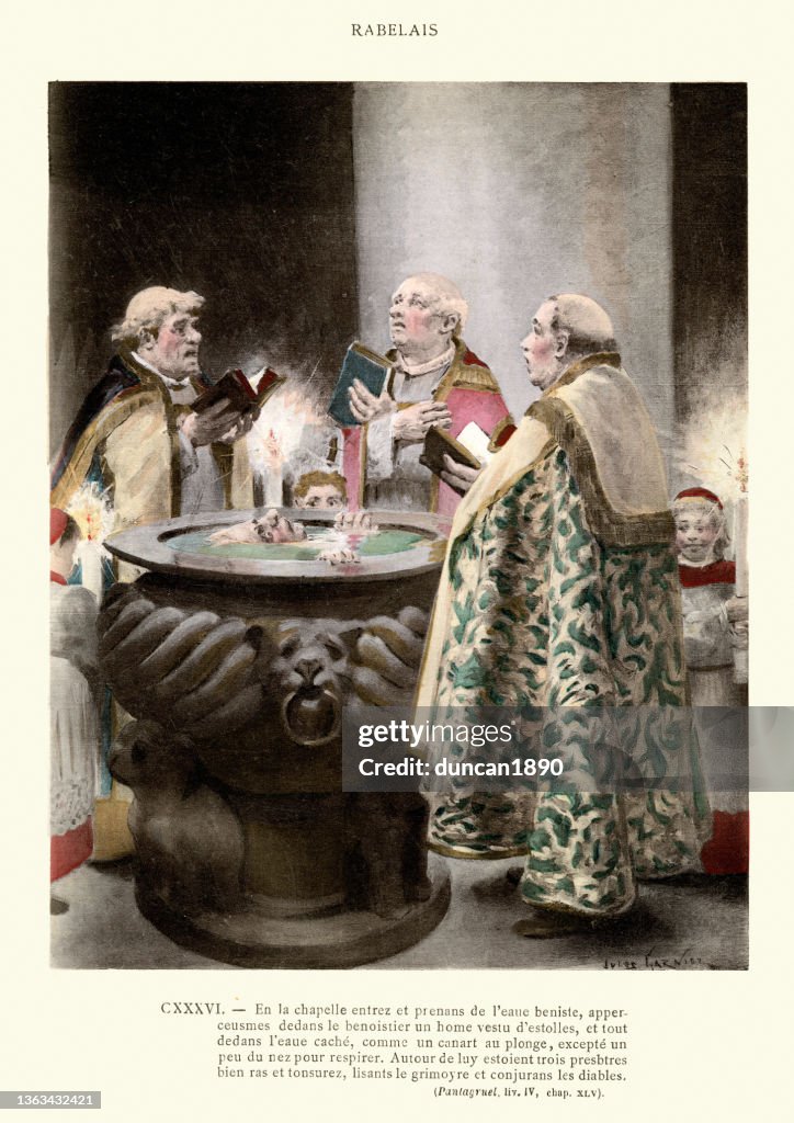 Rabelais's Gargantua and Pantagruel, three priests casting spells to devils from a grimoire