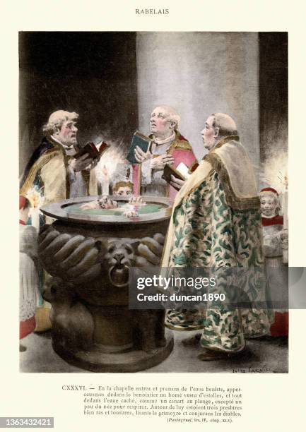 rabelais's gargantua and pantagruel, three priests casting spells to devils from a grimoire - traditional ceremony stock illustrations