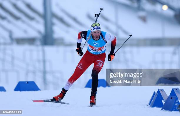 Simon Eder of Austria competes during the Single Mixed Relay at the IBU World Cup Biathlon Oberhof at Biathlon Arena Oberhof on January 08, 2022 in...