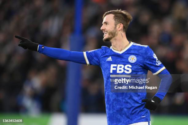 James Maddison of Leicester City celebrates after scoring their team's second goal during the Emirates FA Cup Third Round match between Leicester...