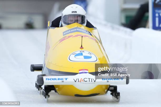 NDrazen Silic and Benedikt Nikpalj of Croatia compete in the 2-man Bobsleigh during the BMW IBSF Bob & Skeleton World Cup at VELTINS-EisArena on...