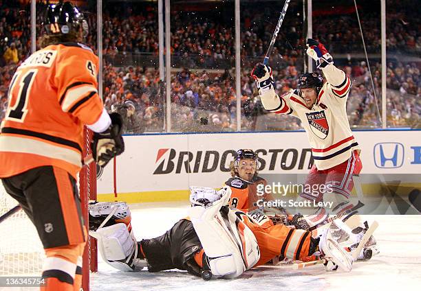 Brad Richards of the New York Rangers celebrates his game winning goal during the third period against the Philadelphia Flyers during the 2012...