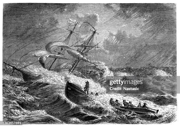 the lifeboat of the english brig "penscher" in distress at sea, langeoog isle, eastern friesland, 7.11.1864 ,rushing to the rescue - vintage sailor stock illustrations