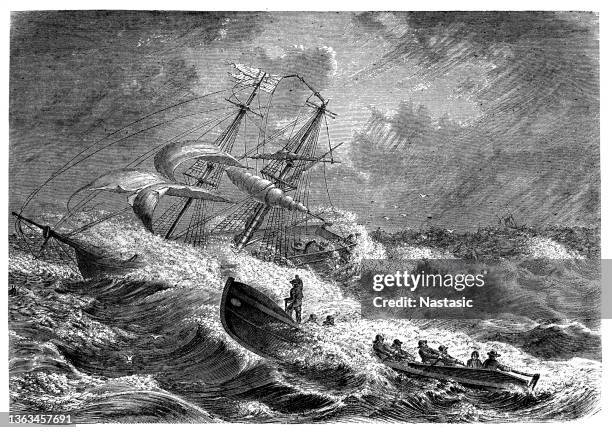 the lifeboat of the english brig "penscher" in distress at sea, langeoog isle, eastern friesland, 7.11.1864 ,rushing to the rescue - lifeboat drawing stock illustrations