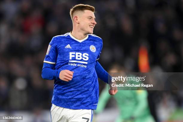 Harvey Barnes of Leicester City celebrates after scoring their team's third goal during the Emirates FA Cup Third Round match between Leicester City...