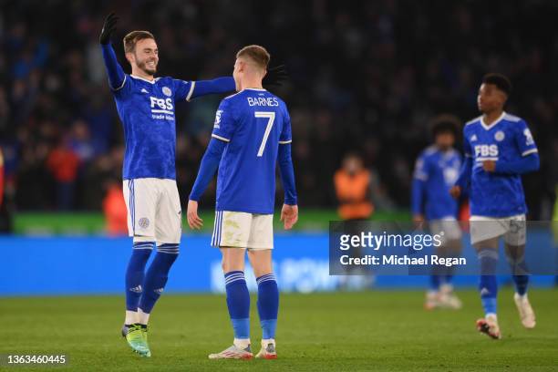 Harvey Barnes celebrates with teammate James Maddison of Leicester City after scoring their team's third goal during the Emirates FA Cup Third Round...
