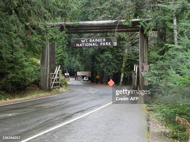 In this image taken January 2, 2012 shows the Mount Rainier National Park enterance which closed by the police in Washington. Police found January 2,...