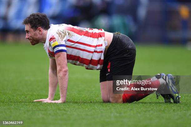Corry Evans of Sunderland reacts during the Sky Bet League One match between Wycombe Wanderers and Sunderland at Adams Park on January 08, 2022 in...