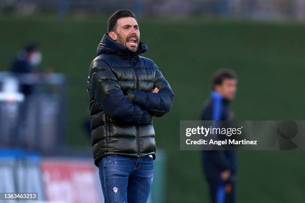 Head coach Eder Sarabia of FC Andorra reacts during the Primera RFEF Group 2 match between Real Madrid Castilla and FC Andorra at Estadio Alfredo Di...