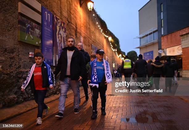 Fans make their way towards the stadium ahead of the Emirates FA Cup Third Round match between Chelsea and Chesterfield at Stamford Bridge on January...