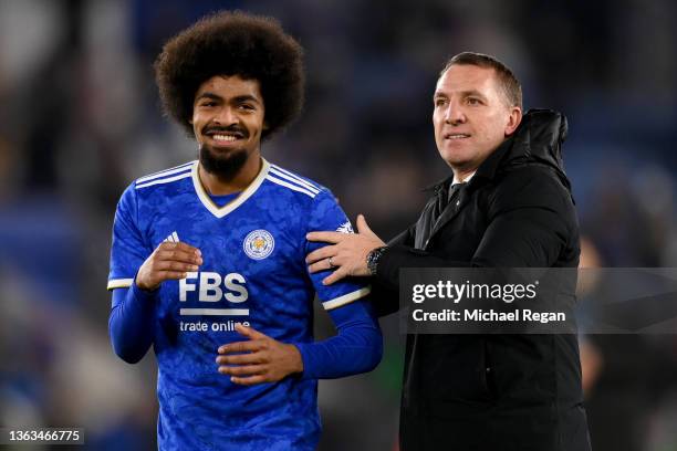 Brendan Rogers and Hamza Choudhury of Leicester City celebrate after their sides victory in the Emirates FA Cup Third Round match between Leicester...