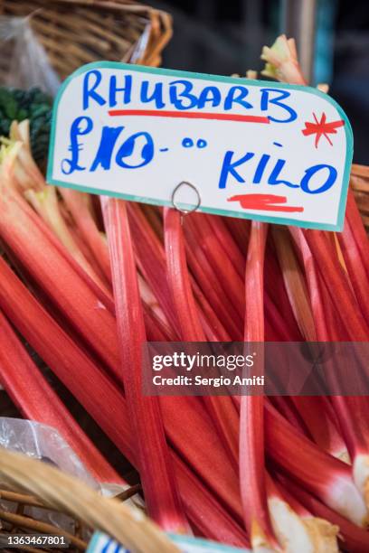 rhubarb on sale at market - borough market stock pictures, royalty-free photos & images