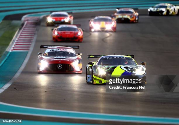 Team VR46 Ferrari 488 GT of David Cleto Fumanelli, Luca Marini, Alessio Salucci drives during the Gulf 12 Hours at Yas Marina Circuit on January 08,...