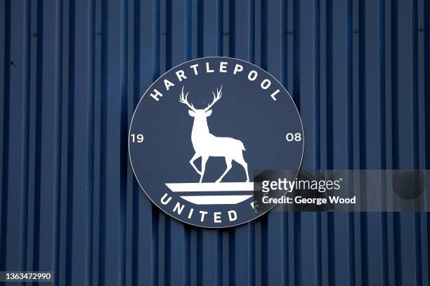 General view of the Hartlepool United crest on the side of the stadium prior to the Emirates FA Cup Third Round match between Hartlepool United and...