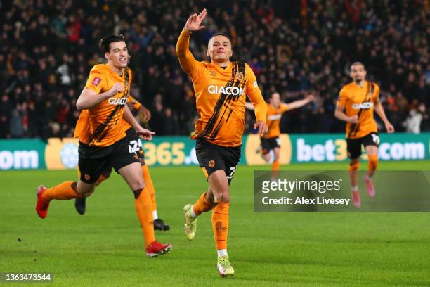 Tyler Smith of Hull City celebrates after scoring their sides first goal during the Emirates FA Cup Third Round match between Hull City and Everton...