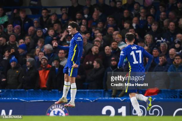 Andreas Christensen of Chelsea celebrates after scoring their sides fourth goal during the Emirates FA Cup Third Round match between Chelsea and...