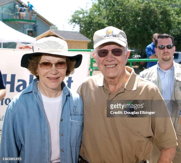 Portrait of married couple, former US First Lady Rosalynn Carter and former American President Jimmy Carter as they attend a Habitat for Humanity...
