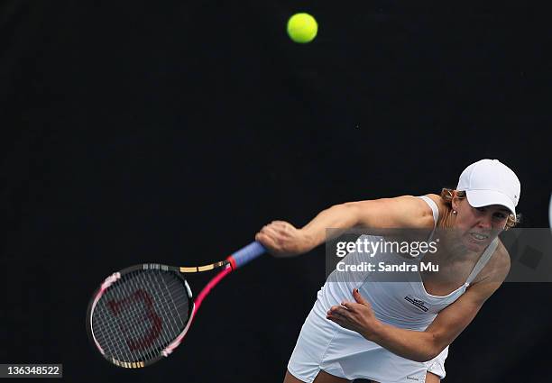 Greta Arn of Hungary serves in her match against Julia Goerges of Germany during day two of the 2012 ASB Classic at ASB Tennis Centre on January 3,...