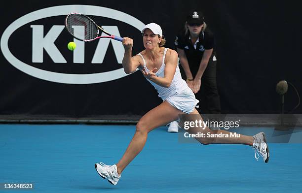 Greta Arn of Hungary plays a shot in her match against Julia Goerges of Germany during day two of the 2012 ASB Classic at ASB Tennis Centre on...