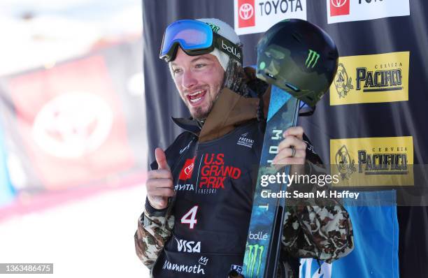 David Wise of Team United States celebrates on the podium after placing second in the Men's Freeski Halfpipe competition at the Toyota U.S. Grand...