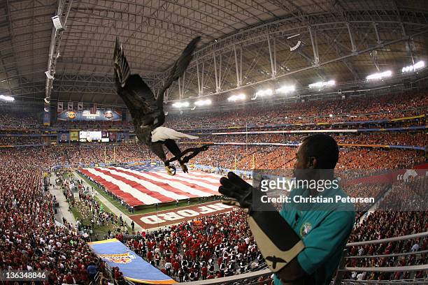 Robert West of the American Eagle Association releases "Challenger" during National Anthem before the Tostitos Fiesta Bowl between Oklahoma State...