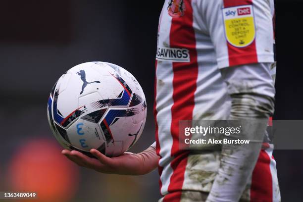 Detailed view of the Puma EFL matchball as Alex Pritchard of Sunderland prepares to take a corner during the Sky Bet League One match between Wycombe...