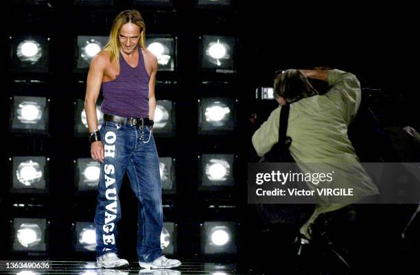 Fashion designer John Galliano walks the runway during the Christian Dior by John Galliano Ready to Wear Spring/Summer 2001 fashion show as part of...