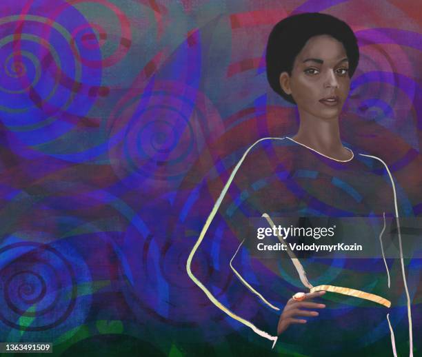 african american model in a dark dress on a dark decorative background. the gaze is directed towards the viewer - strap stock illustrations