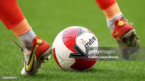 The Mitre Delta Max Emirates FA Cup match ball is seen during the Emirates FA Cup Third Round match between Wigan Athletic and Blackburn Rovers at DW...