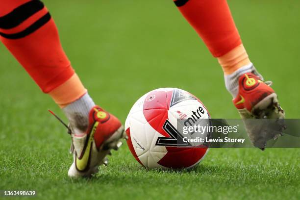 The Mitre Delta Max Emirates FA Cup match ball is seen during the Emirates FA Cup Third Round match between Wigan Athletic and Blackburn Rovers at DW...