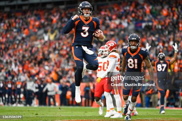 Drew Lock of the Denver Broncos rushes for a touchdown during the first quarter against the Denver Broncos at Empower Field At Mile High on January...