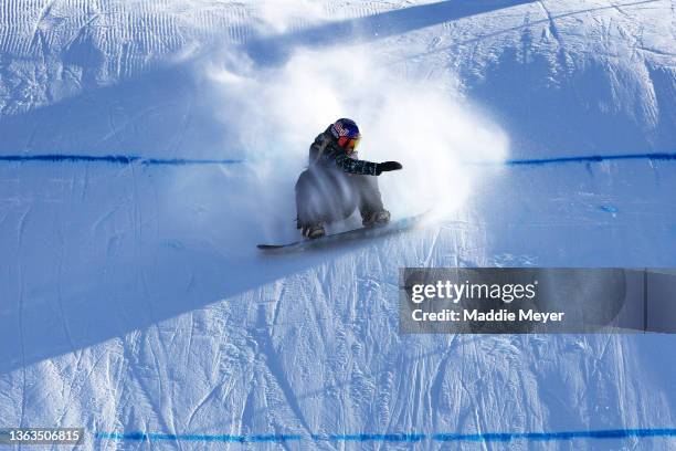 Katie Ormerod of Team Great Britain crashes during a run in the Women's Snowboard Slopestyle competition at the Toyota U.S. Grand Prix at Mammoth...