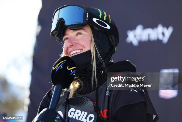 Jamie Anderson of Team United States reacts after placing first in the Women's Snowboard Slopestyle competition at the Toyota U.S. Grand Prix at...