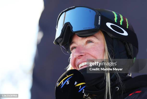Jamie Anderson of Team United States reacts after placing first in the Women's Snowboard Slopestyle competition at the Toyota U.S. Grand Prix at...