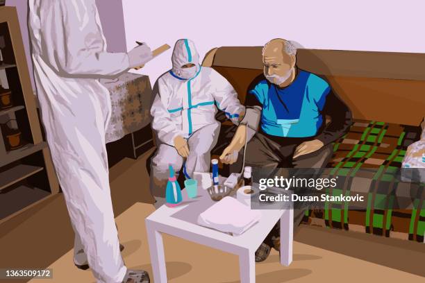 elderly man getting his blood pressure checked - low blood pressure cartoon stock illustrations