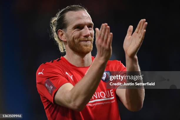 Jamie Grimes of Chesterfield claps the fans after the Emirates FA Cup Third Round match between Chelsea and Chesterfield at Stamford Bridge on...