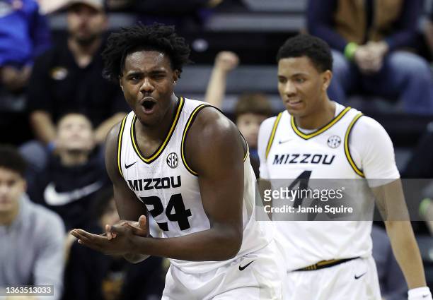 Kobe Brown of the Missouri Tigers reacts during the game against the Alabama Crimson Tide at Mizzou Arena on January 08, 2022 in Columbia, Missouri.