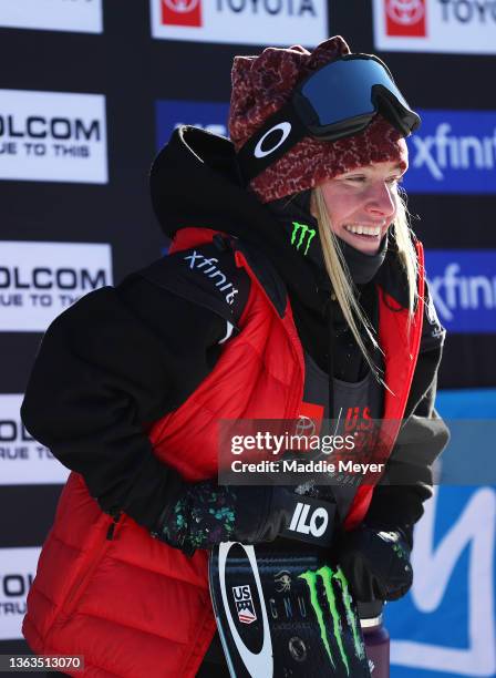 Jamie Anderson of Team United States celebrates on the podium after winning first place in the Women's Snowboard Slopestyle competition at the Toyota...