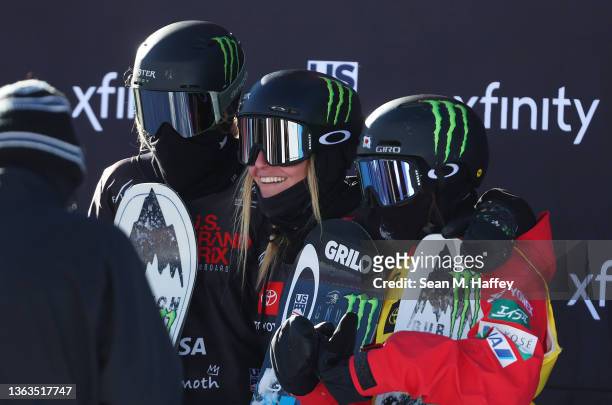 Zoi Sadowski Sinnott of Team New Zealand in second place, Jamie Anderson of Team United States in first place and Kokomo Murase of Team Japan in...