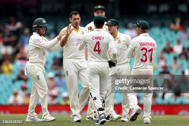 Scott Boland of Australia celebrates after dismissing Haseeb Hameed of England during day five of the Fourth Test Match in the Ashes series between...