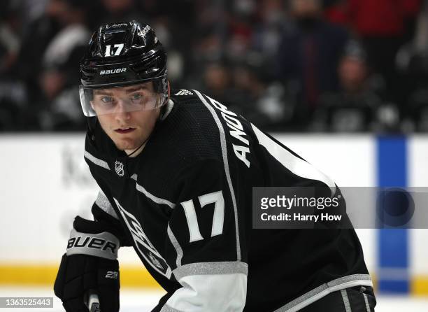 Lias Andersson of the Los Angeles Kings watches play during a 4-2 loss to the Nashville Predators at Staples Center on January 06, 2022 in Los...